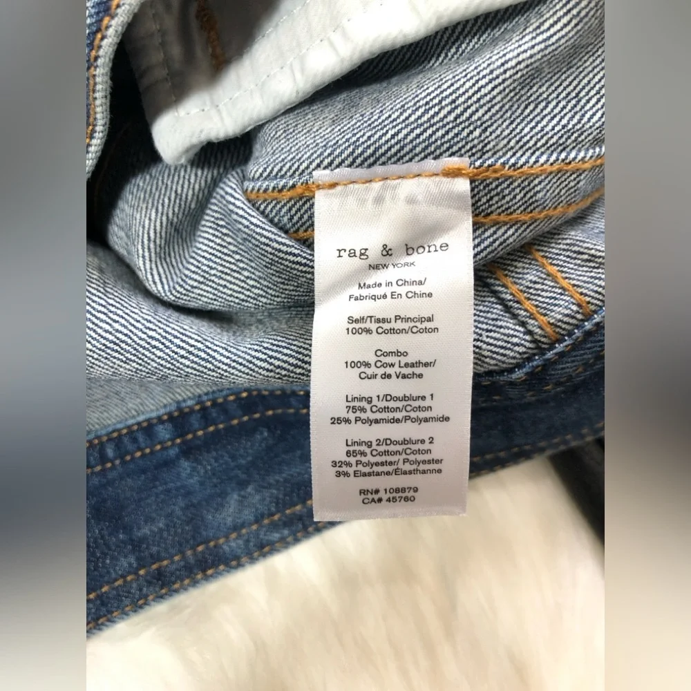 NWT $595 Rag Bone Nico Zip-front Denim Jacket With Leather Sleeves In Indigo